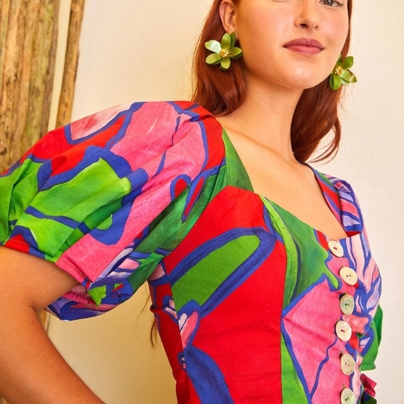 FARM RIO Anthropologie Tropical Bunch Puff Balloon Sleeve Cropped Blouse Top - Picture 3 of 9